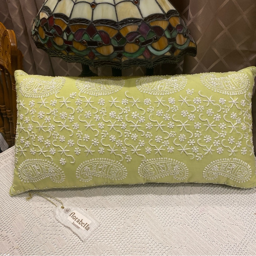 Florabella Accent Pillow, “Anemone”, Lime Color with Embroidery and Sequins, NWT